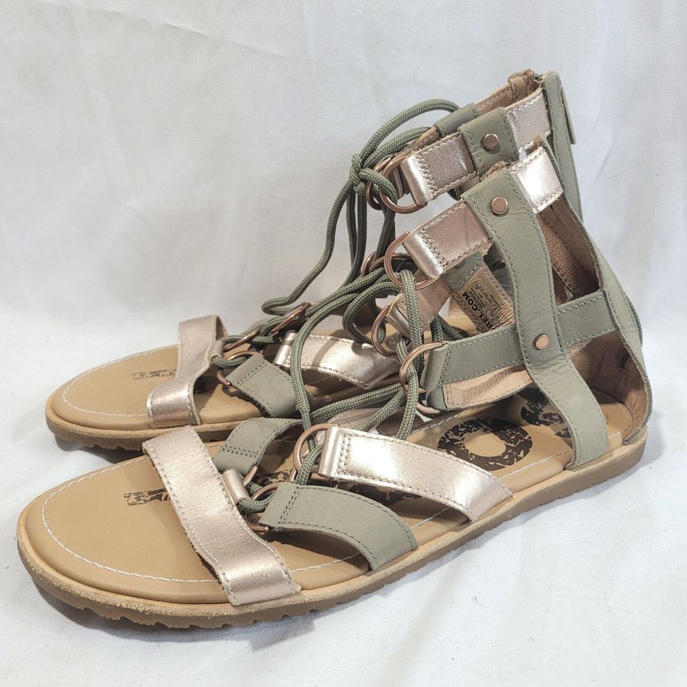 Sorel Ella Women's 10 Lace Up Sandals Sage Flats Leather Shoe Gladiator